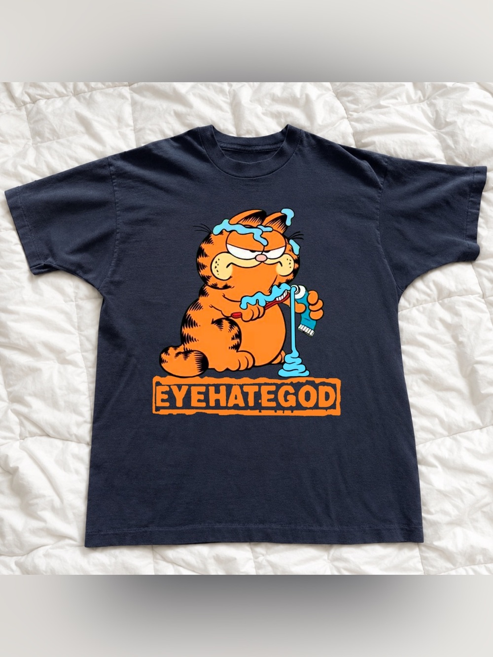 Black Graphic Cat Tee with Orange & Light Blue Print illustration Retro